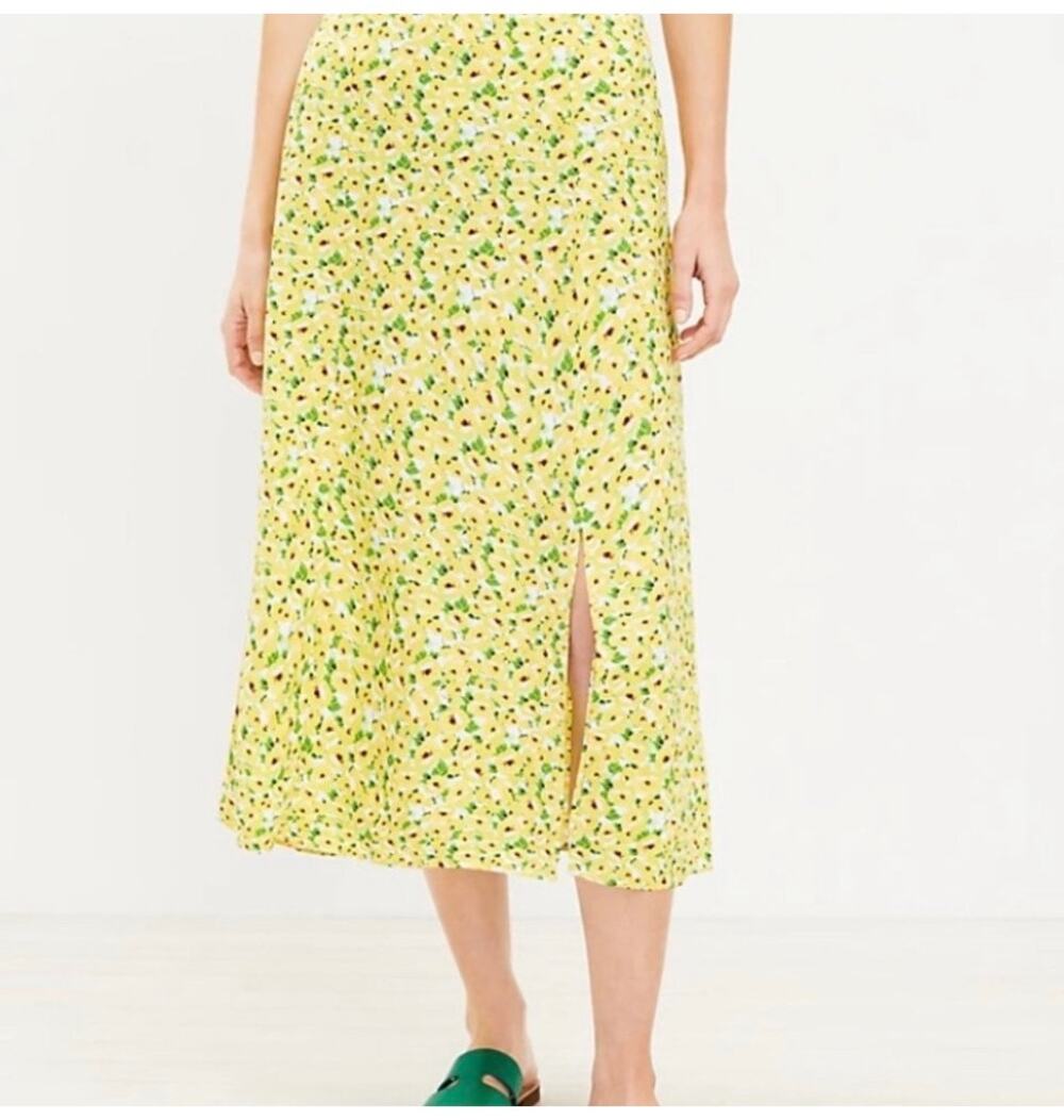 Ann Taylor Loft Linen Blend Yellow Floral Midi Skirt Size 12